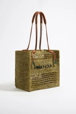 New BIMBA Y LOLA Bolso Tote Grande Rafia Caqui