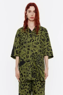 Store BIMBA Y LOLA Camisa Oversize Lino Animal Mix Verde