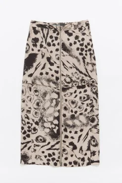 Online BIMBA Y LOLA Falda Fluida Midi Animal Mix Camel