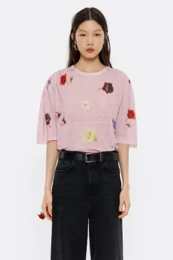 Shop BIMBA Y LOLA Jersey Hombros Fruncidos Lino Flowers Rosa
