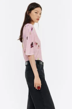 Shop BIMBA Y LOLA Jersey Hombros Fruncidos Lino Flowers Rosa