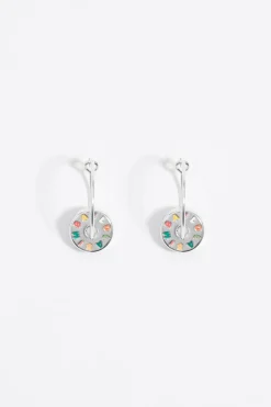 New BIMBA Y LOLA Pendientes Aro Plateados Logo Multipastel