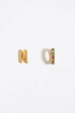 Best Sale BIMBA Y LOLA Pendientes Letra N Y Aro Mini Cristales Multicolores