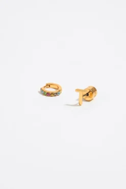 Outlet BIMBA Y LOLA Pendientes Letra T Y Aro Mini Cristales Multicolores
