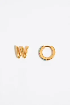 New BIMBA Y LOLA Pendientes Letra W Y Aro Mini Cristales Multicolores