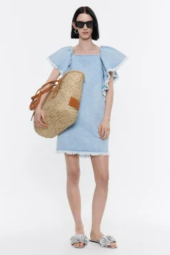 New BIMBA Y LOLA Vestido Denim Volantes Azul Claro