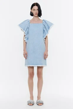 New BIMBA Y LOLA Vestido Denim Volantes Azul Claro