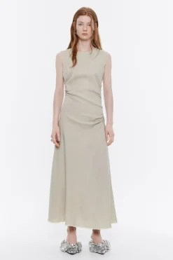 Hot BIMBA Y LOLA Vestido Midi Desflecado Lino Arena Lavado