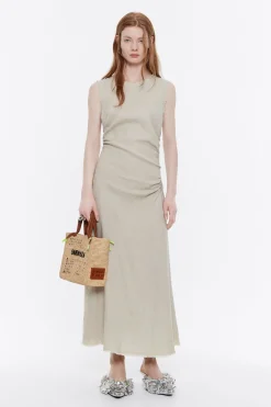 Hot BIMBA Y LOLA Vestido Midi Desflecado Lino Arena Lavado